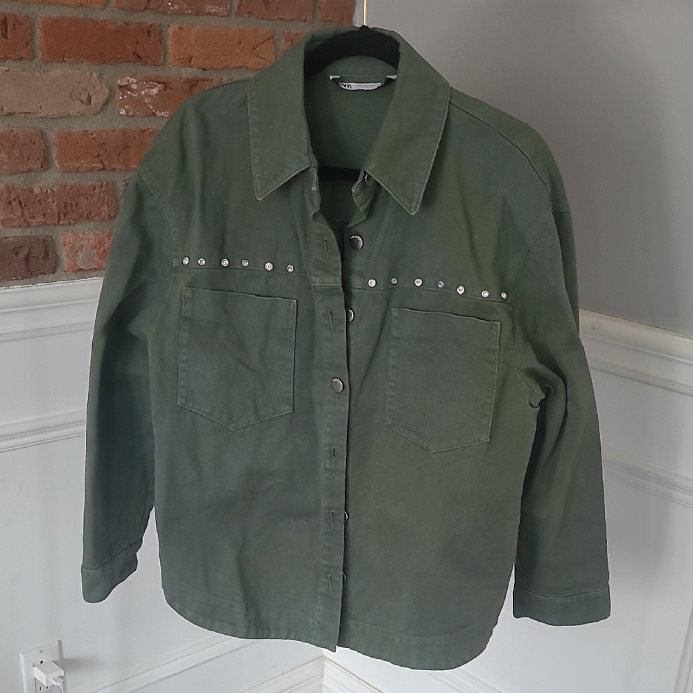 Zara Olive Green 100% Cotton Jean Pullover With Rhinestone Embelishments